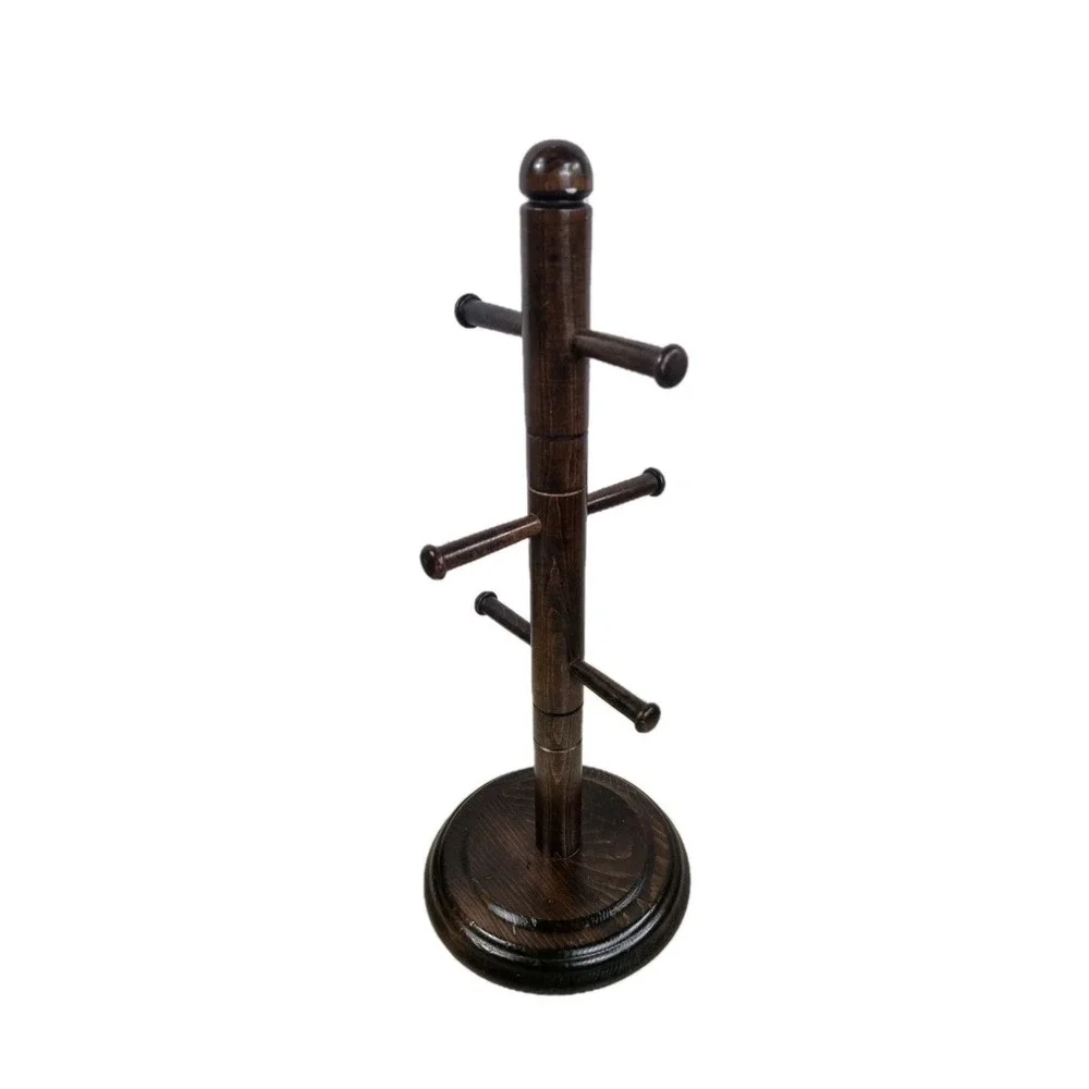 VTG  Wooden 6 Peg Coffee Mug Rack Tea Cup Holder Dark Wood Tree Stand Cottage